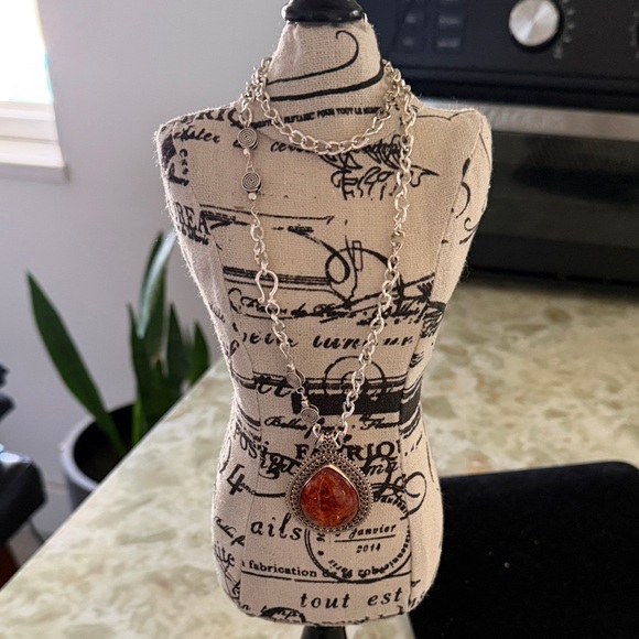 Jewelry - Silver Chain Necklace with Orange Pendant